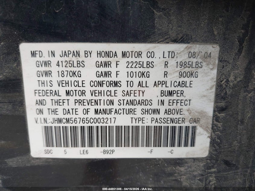 2005 Honda Accord 2.4 Ex VIN: JHMCM56765C003217 Lot: 44851386