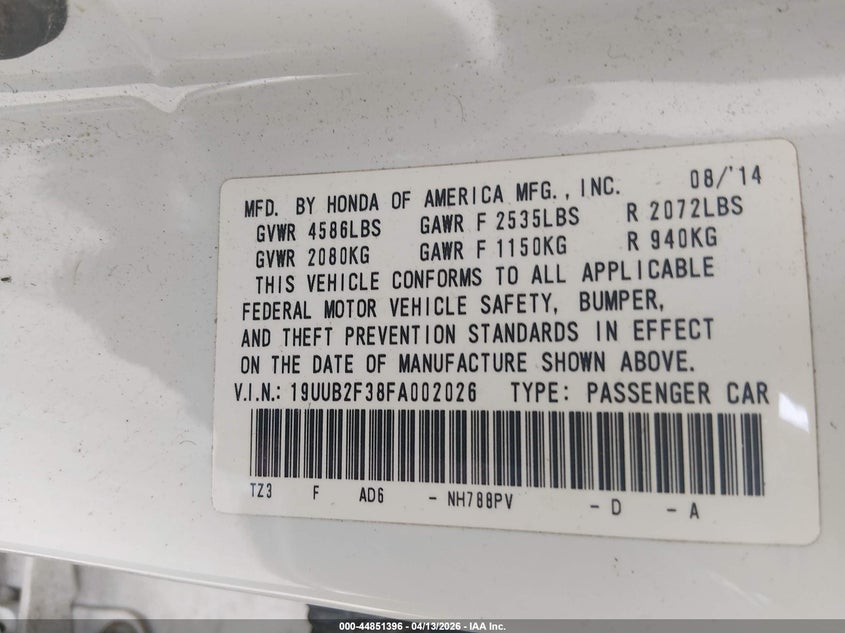 2015 Acura Tlx V6 VIN: 19UUB2F38FA002026 Lot: 44851396