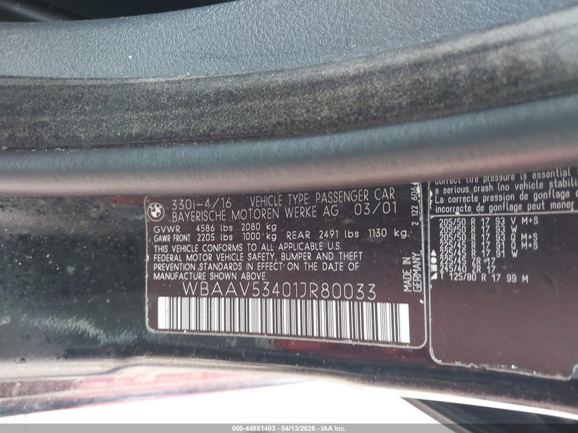 2001 BMW 330I VIN: WBAAV53401JR80033 Lot: 44851403