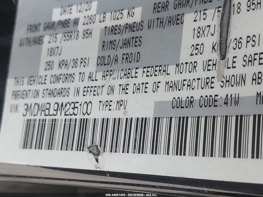 2021 Mazda Cx-30 Select VIN: 3MVDMABL9MM235100 Lot: 44851405