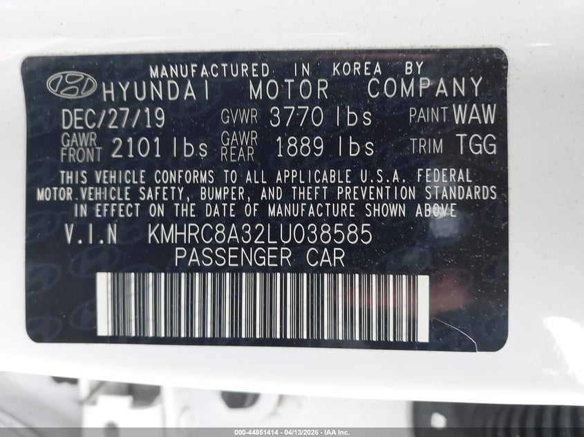 2020 Hyundai Venue Sel VIN: KMHRC8A32LU038585 Lot: 44851414