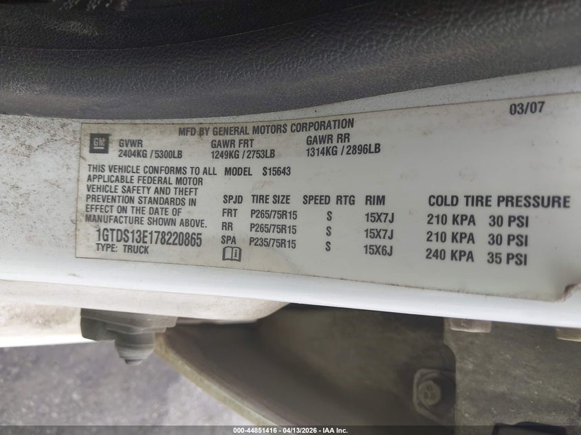 2007 GMC Canyon Sle2 VIN: 1GTDS13E178220865 Lot: 44851416