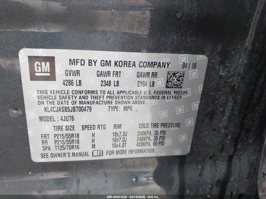 2018 Buick Encore Preferred VIN: KL4CJASB5JB700479 Lot: 44851429