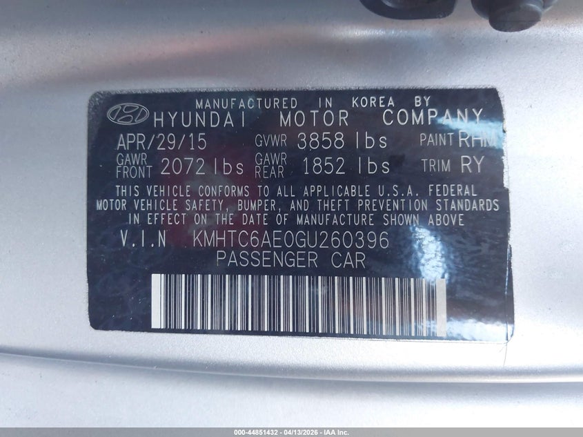 2016 Hyundai Veloster Turbo VIN: KMHTC6AE0GU260396 Lot: 44851432
