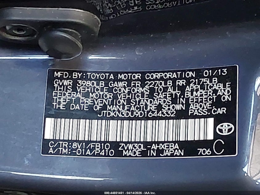 2013 Toyota Prius Two VIN: JTDKN3DU9D1644332 Lot: 44851451