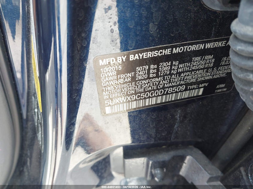 2016 BMW X3 xDrive28I VIN: 5UXWX9C50G0D78509 Lot: 44851453