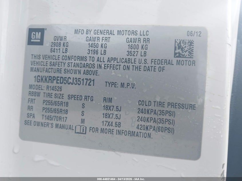 2012 GMC ACADIA SPORT UTILITY VEHICLE 3.6L V-6 DI, DOHC, VVT, 288HP