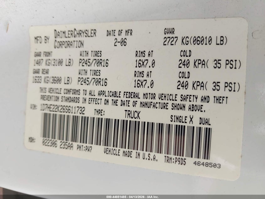 2006 Dodge Dakota St VIN: 1D7HE22K26S611732 Lot: 44851485