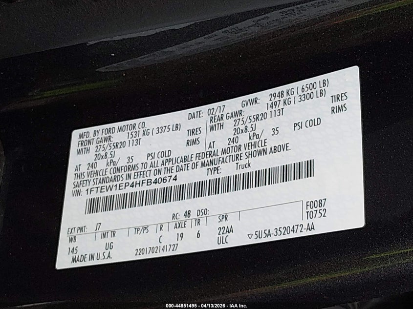 VIN 1FTEW1EP4HFB40674 2017 FORD F-150 XLT