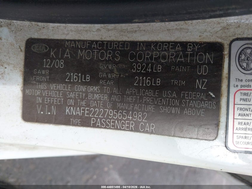 2009 Kia Spectra Ex VIN: KNAFE222795654982 Lot: 44851498