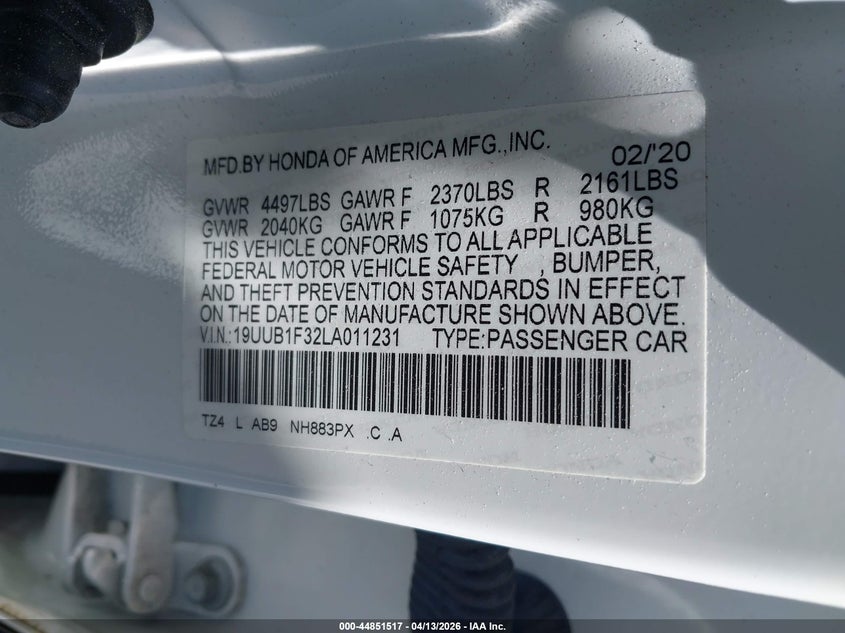 2020 Acura Tlx Standard VIN: 19UUB1F32LA011231 Lot: 44851517