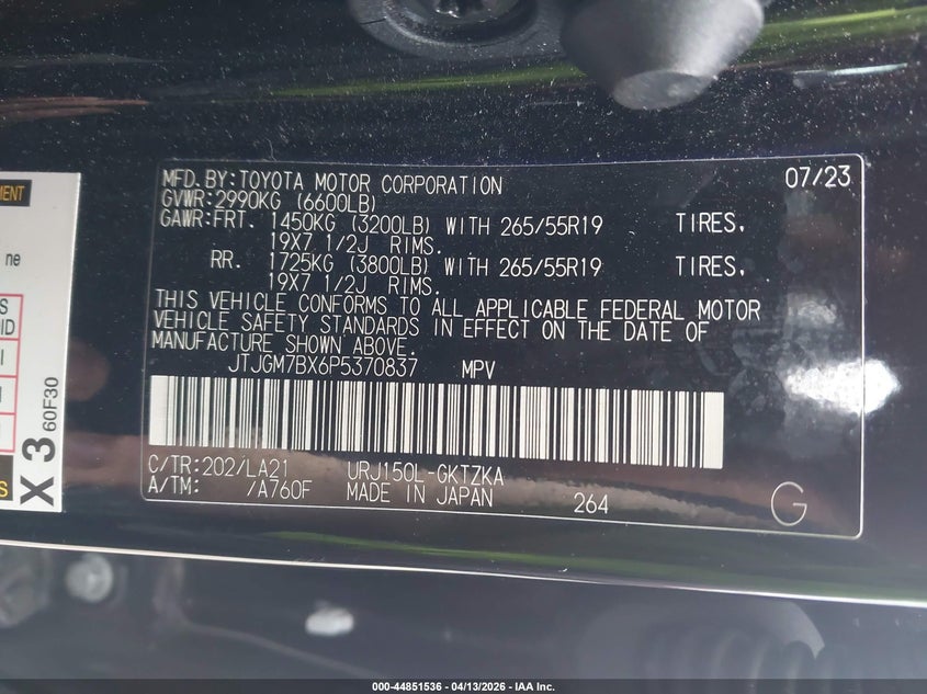 2023 Lexus Gx 460 Luxury VIN: JTJGM7BX6P5370837 Lot: 44851536