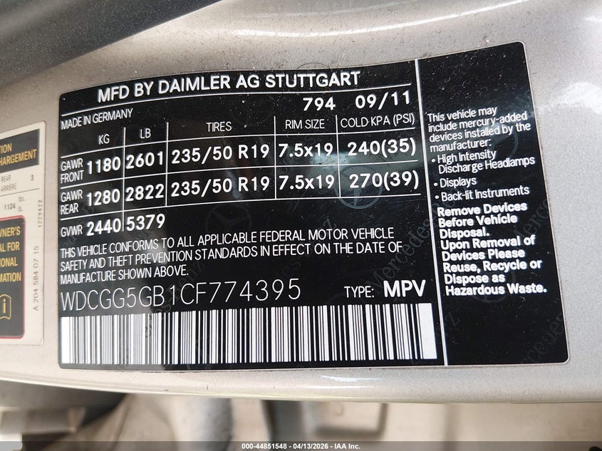 2012 Mercedes-Benz Glk 350 VIN: WDCGG5GB1CF774395 Lot: 44851548