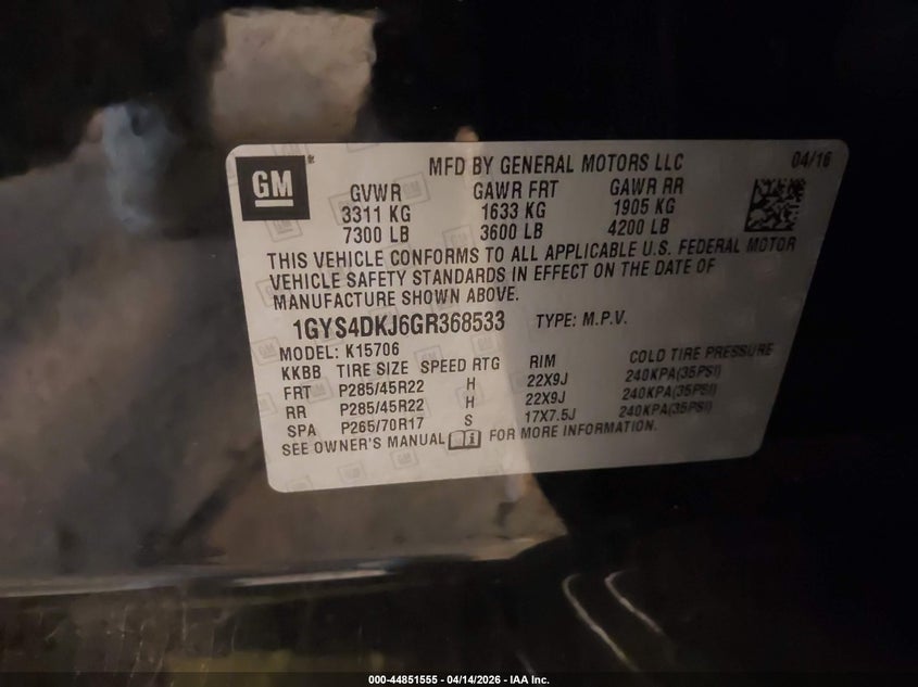 2016 Cadillac Escalade Platinum VIN: 1GYS4DKJ6GR368533 Lot: 44851555