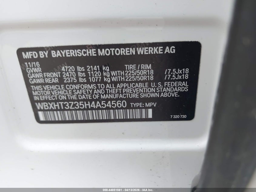 2017 BMW X1 xDrive28I VIN: WBXHT3Z35H4A54560 Lot: 44851561