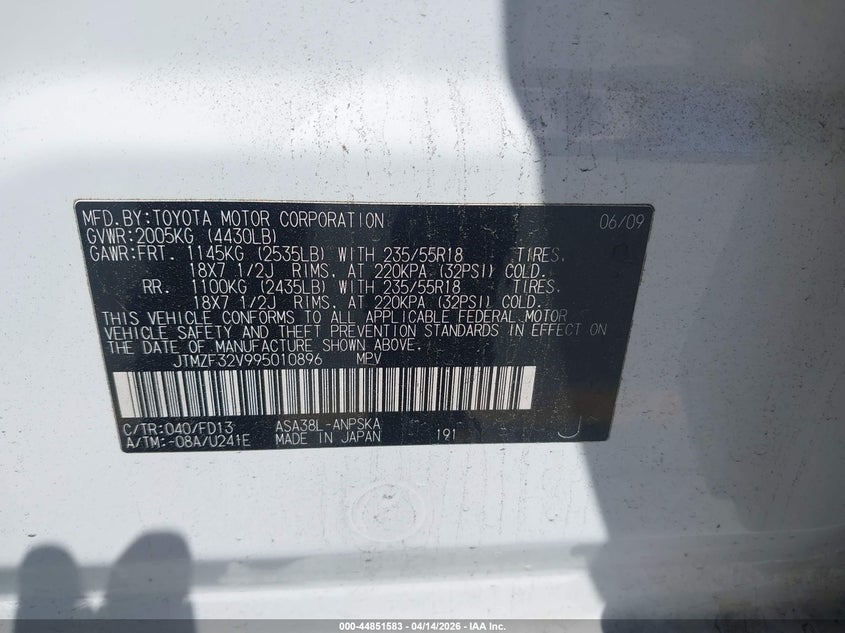 2009 Toyota Rav4 Sport VIN: JTMZF32V995010896 Lot: 44851583