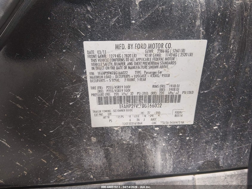 2011 Ford Taurus Limited VIN: 1FAHP2FW7BG166022 Lot: 44851613