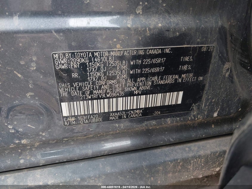 2020 Toyota Rav4 Xle VIN: 2T3W1RFV9LW096435 Lot: 44851619