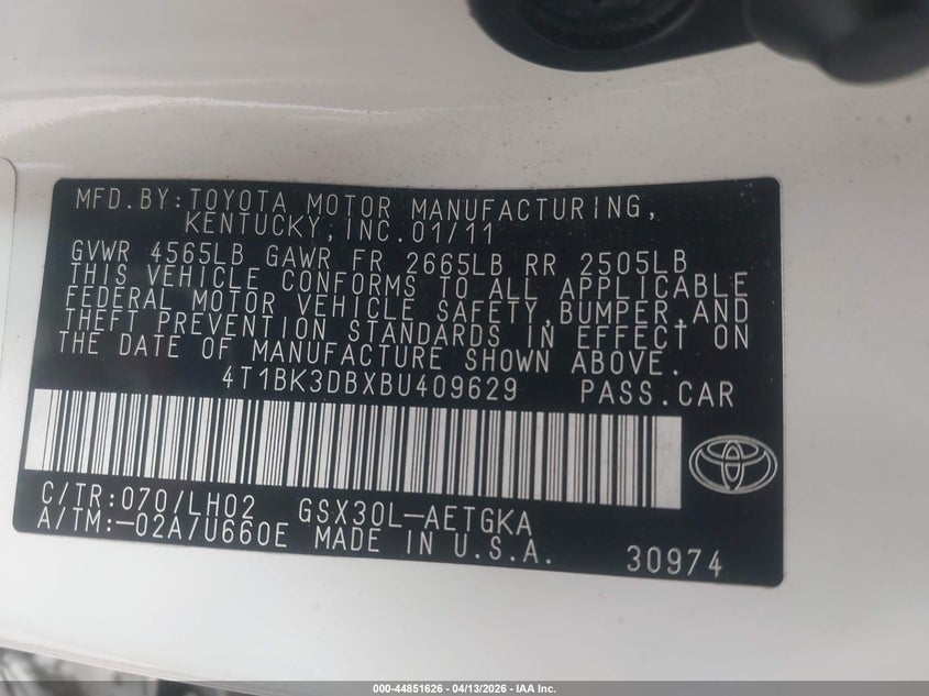 2011 Toyota Avalon VIN: 4T1BK3DBXBU409629 Lot: 44851626