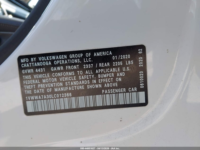 2020 Volkswagen Passat 2.0T Se VIN: 1VWWA7A30LC012366 Lot: 44851627