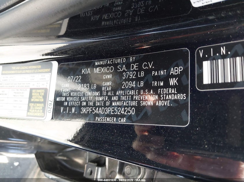 2023 Kia Forte Gt-Line VIN: 3KPF54AD3PE524250 Lot: 44851630
