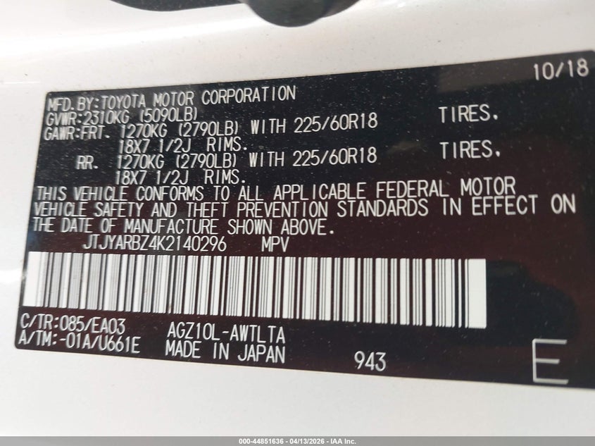 2019 Lexus Nx 300 VIN: JTJYARBZ4K2140296 Lot: 44851636