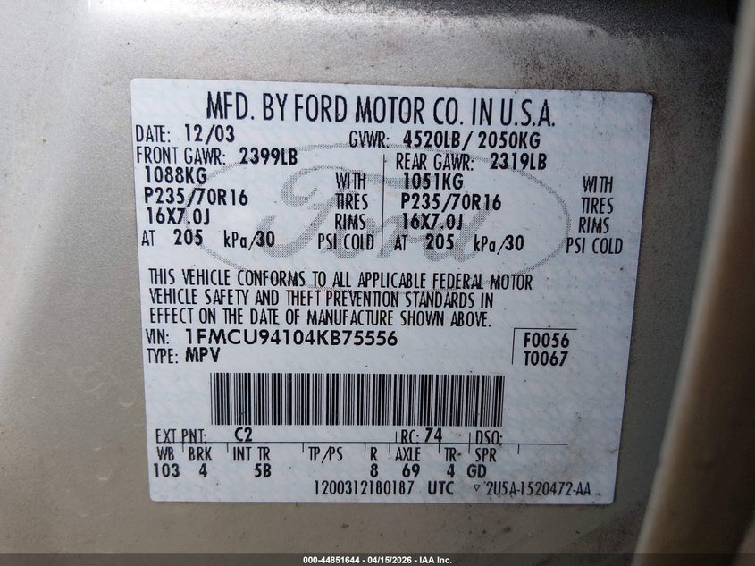 2004 Ford Escape Limited VIN: 1FMCU94104KB75556 Lot: 44851644