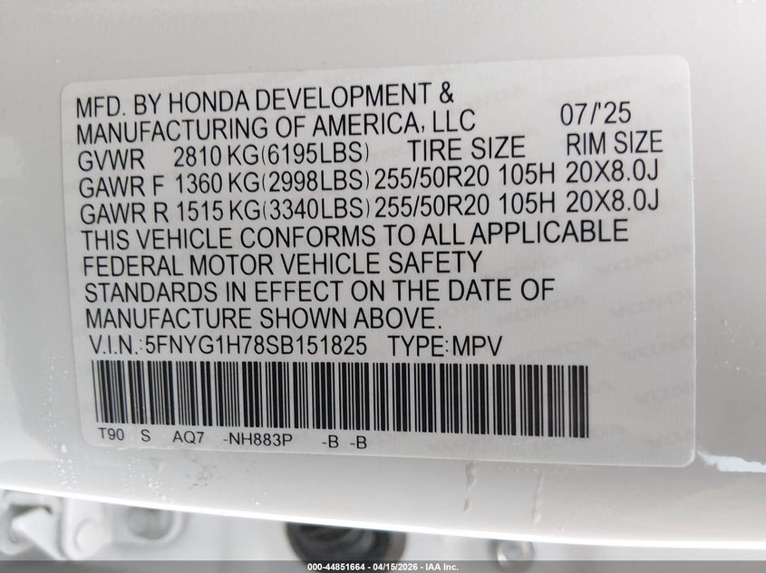 2025 Honda Pilot Touring VIN: 5FNYG1H78SB151825 Lot: 44851664