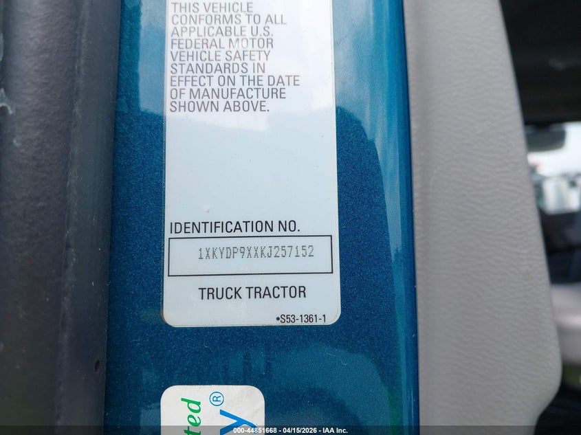 2019 Kenworth T680 VIN: 1XKYDP9XXKJ257152 Lot: 44851668