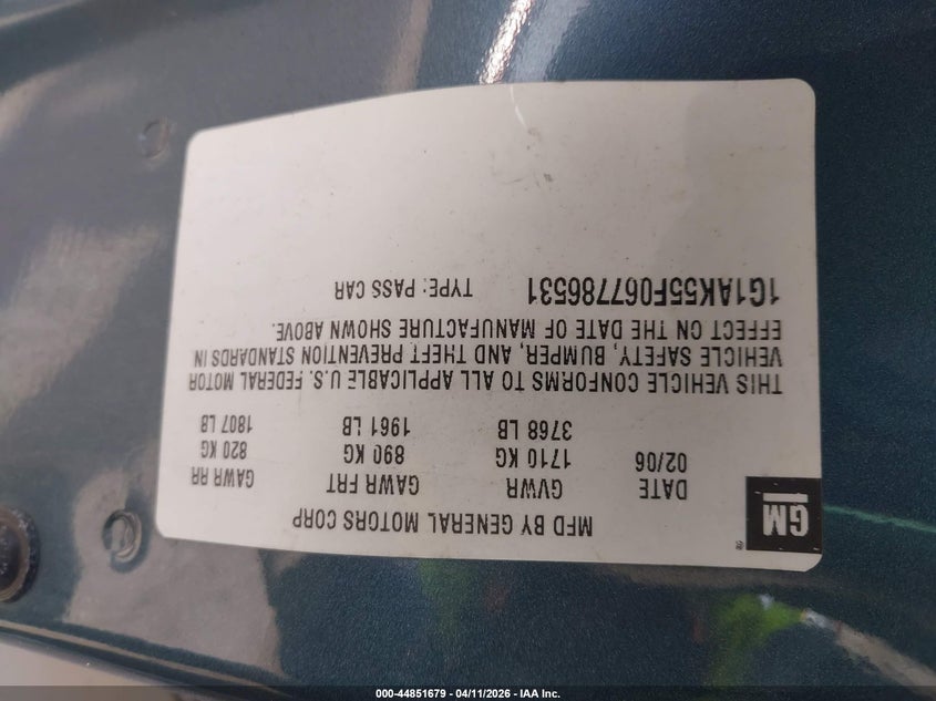 2006 Chevrolet Cobalt Ls VIN: 1G1AK55F067786531 Lot: 44851679