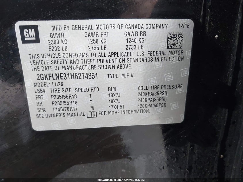 2017 Gmc Terrain 3.6 Sle-2 black Lot 111044851683 Vin 2GKFLNE31H6274851