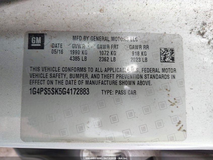 2016 Buick Verano Leather Group VIN: 1G4PS5SK5G4172883 Lot: 44851686