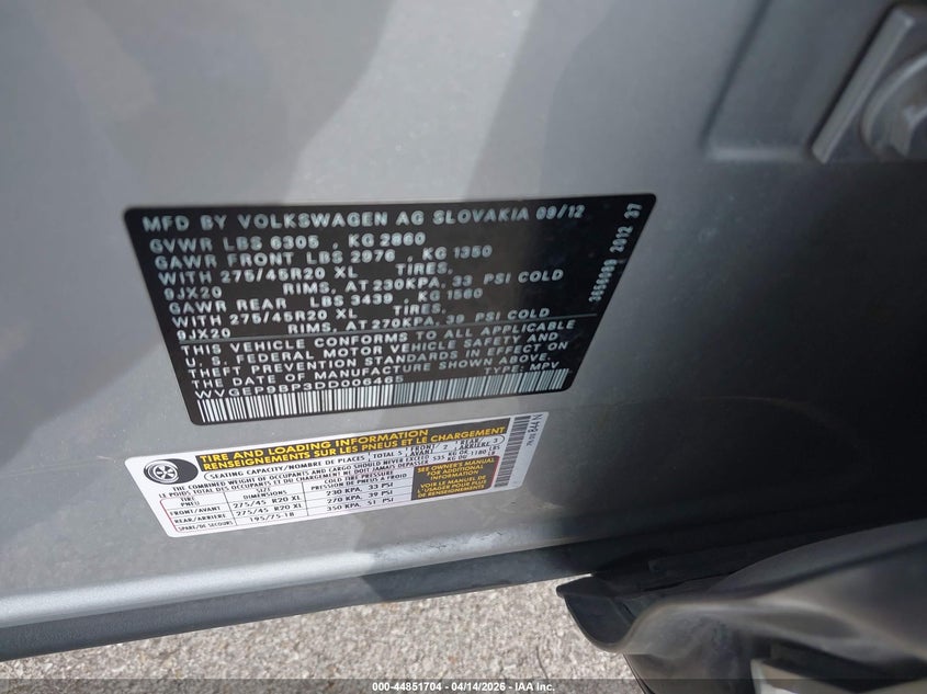 2013 Volkswagen Touareg Tdi Executive VIN: WVGEP9BP3DD006465 Lot: 44851704