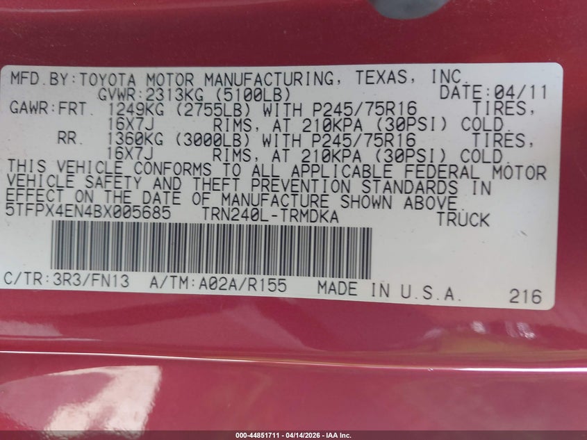 2011 Toyota Tacoma VIN: 5TFPX4EN4BX005685 Lot: 44851711