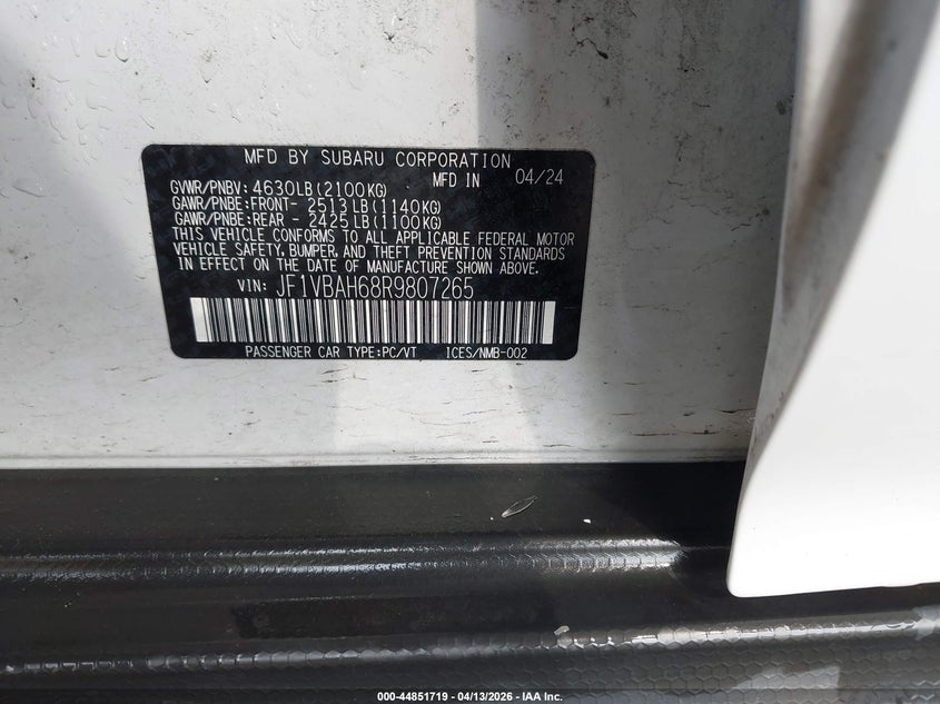 2024 Subaru Wrx Premium VIN: JF1VBAH68R9807265 Lot: 44851719