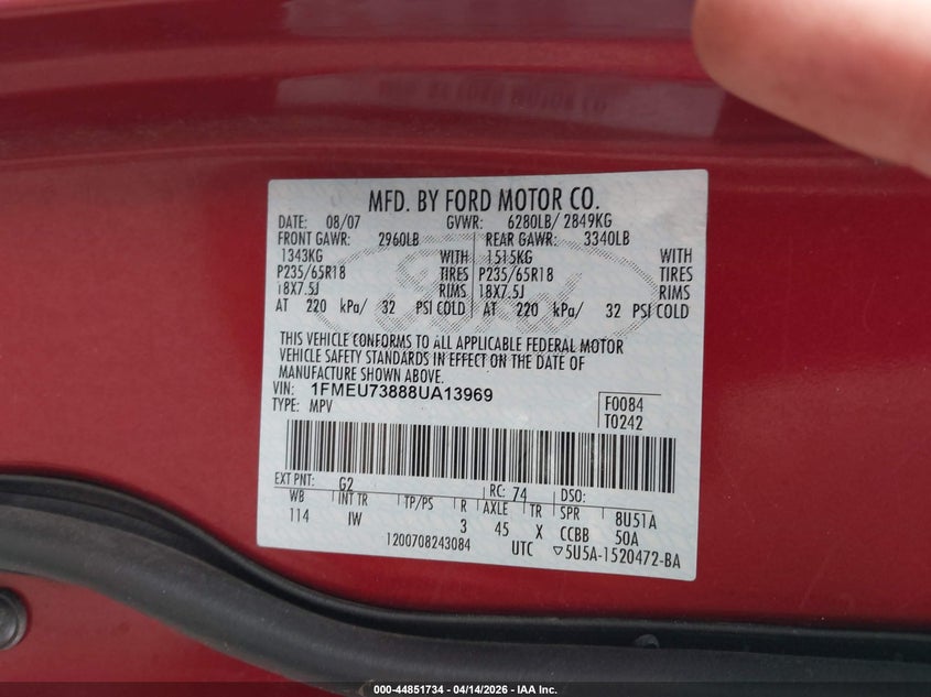 2008 Ford Explorer Xlt VIN: 1FMEU73888UA13969 Lot: 44851734