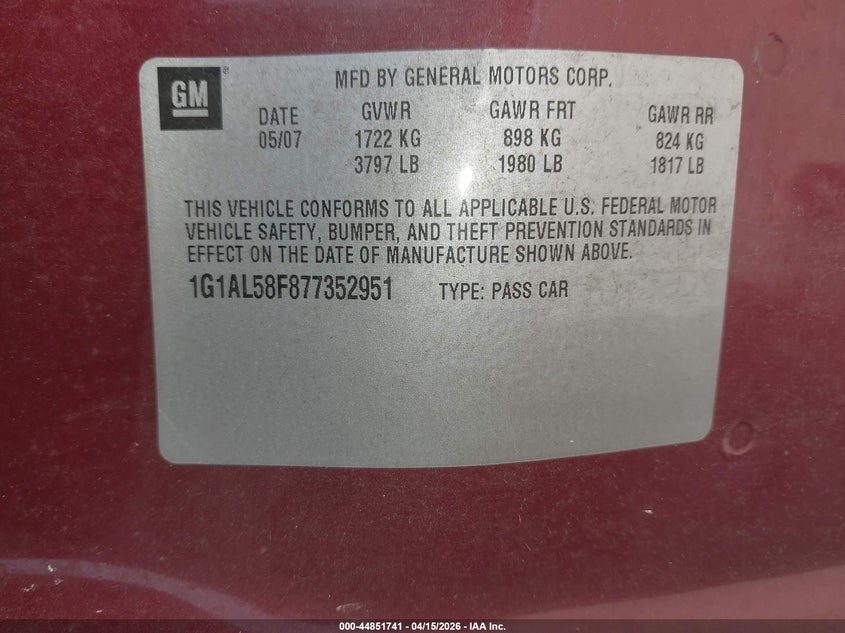 2007 Chevrolet Cobalt Lt VIN: 1G1AL58F877352951 Lot: 44851741