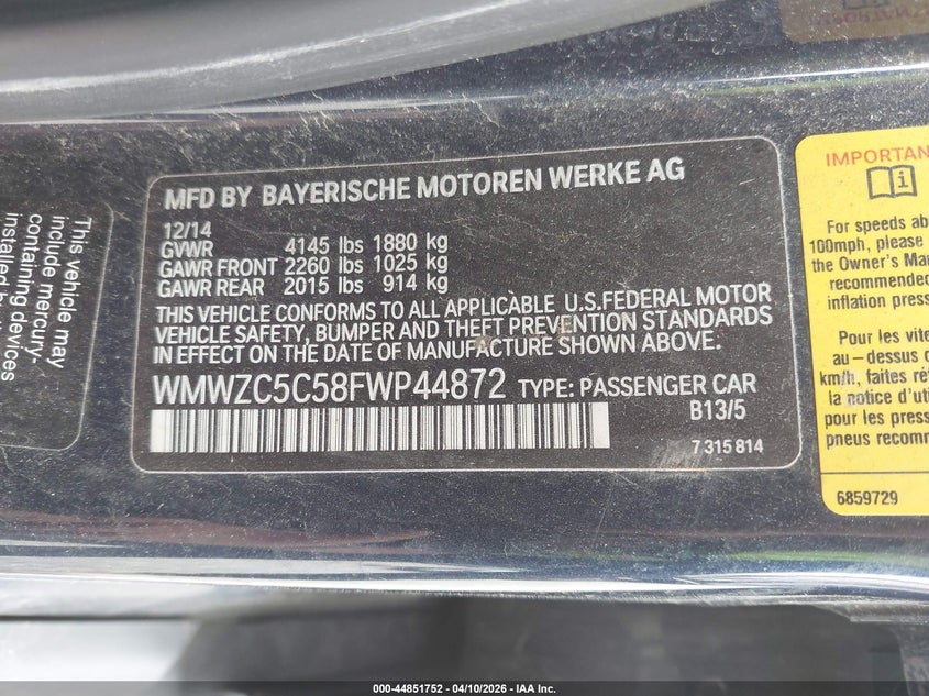 2015 Mini Countryman Cooper S VIN: WMWZC5C58FWP44872 Lot: 44851752