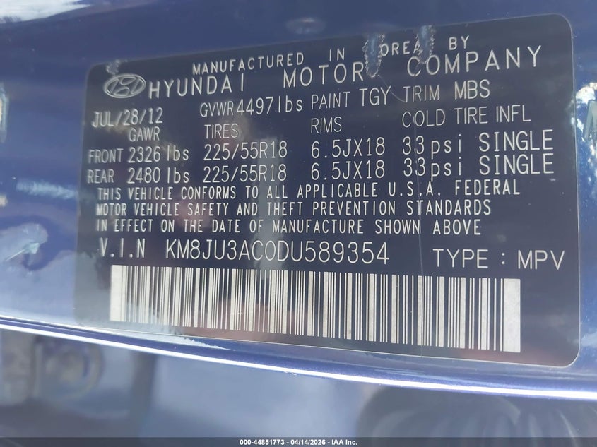 2013 Hyundai Tucson Limited VIN: KM8JU3AC0DU589354 Lot: 44851773