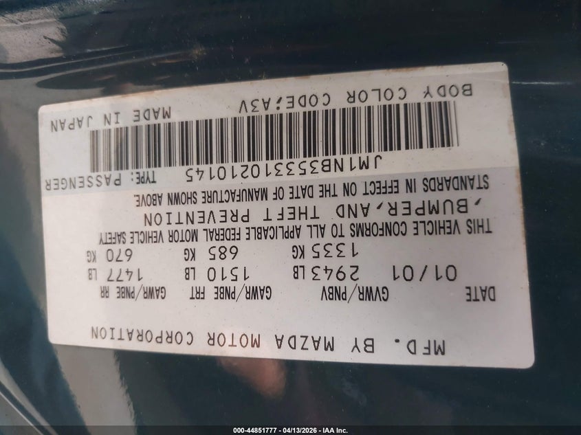 2001 Mazda Mx-5 Miata Ls/Special Edition VIN: JM1NB353310210145 Lot: 44851777