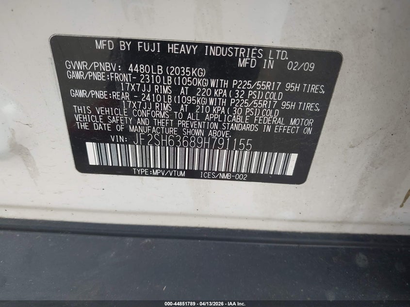 2009 Subaru Forester 2.5X VIN: JF2SH63689H791155 Lot: 44851789