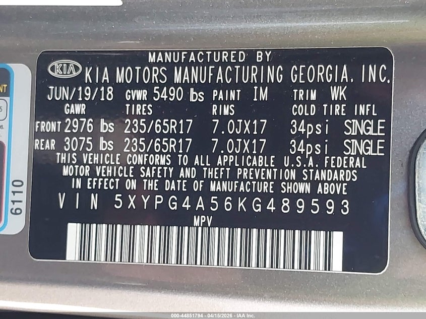 2019 Kia Sorento 3.3L Lx VIN: 5XYPG4A56KG489593 Lot: 44851794