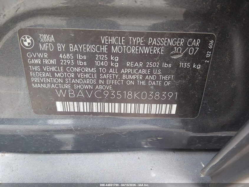2008 BMW 328Xi VIN: WBAVC93518K038391 Lot: 44851799