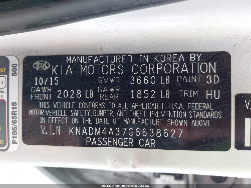 2016 Kia Rio Lx VIN: KNADM4A37G6638627 Lot: 44851802