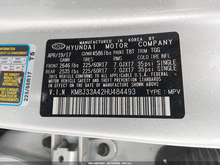 2017 Hyundai Tucson Se VIN: KM8J33A42HU484493 Lot: 44851807