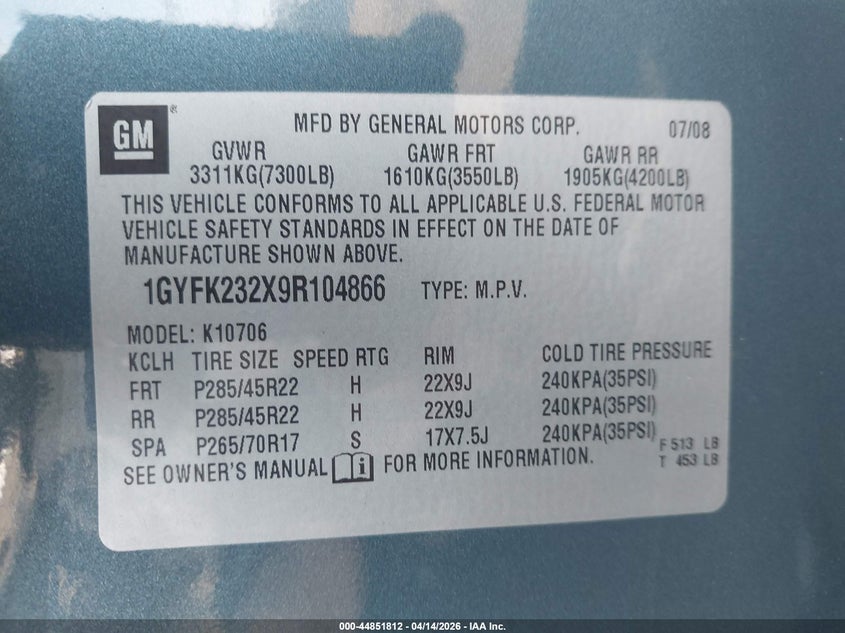 2009 Cadillac Escalade Standard VIN: 1GYFK232X9R104866 Lot: 44851812