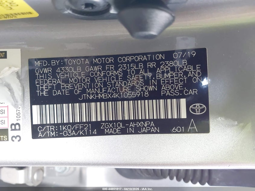 2019 Toyota C-Hr Xle VIN: JTNKHMBX4K1055918 Lot: 44851817