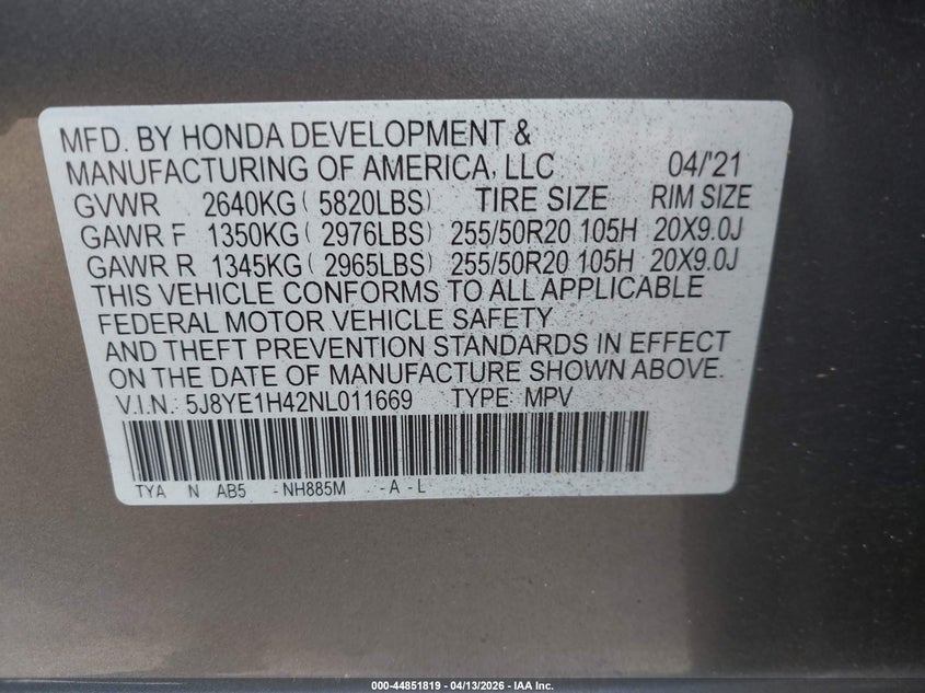 2022 Acura Mdx Technology Package VIN: 5J8YE1H42NL011669 Lot: 44851819