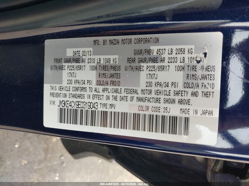 2014 Mazda Cx-5 Touring VIN: JM3KE4CY9E0319043 Lot: 44851828