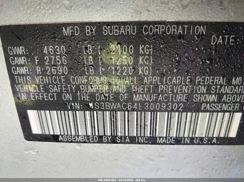2020 Subaru Legacy Premium VIN: 4S3BWAC64L3009302 Lot: 44851853